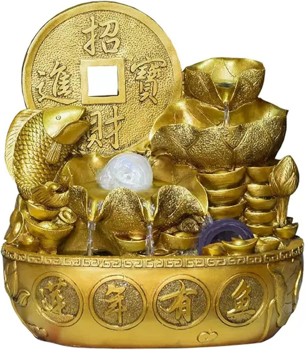 HIHELO Tabletop Fountain Gold Tabletop Fountain with Water Pump, Feng Shui Interior Decoration Tabletop Decoration Waterfall Fountain for Office and Home Indoor Fountain