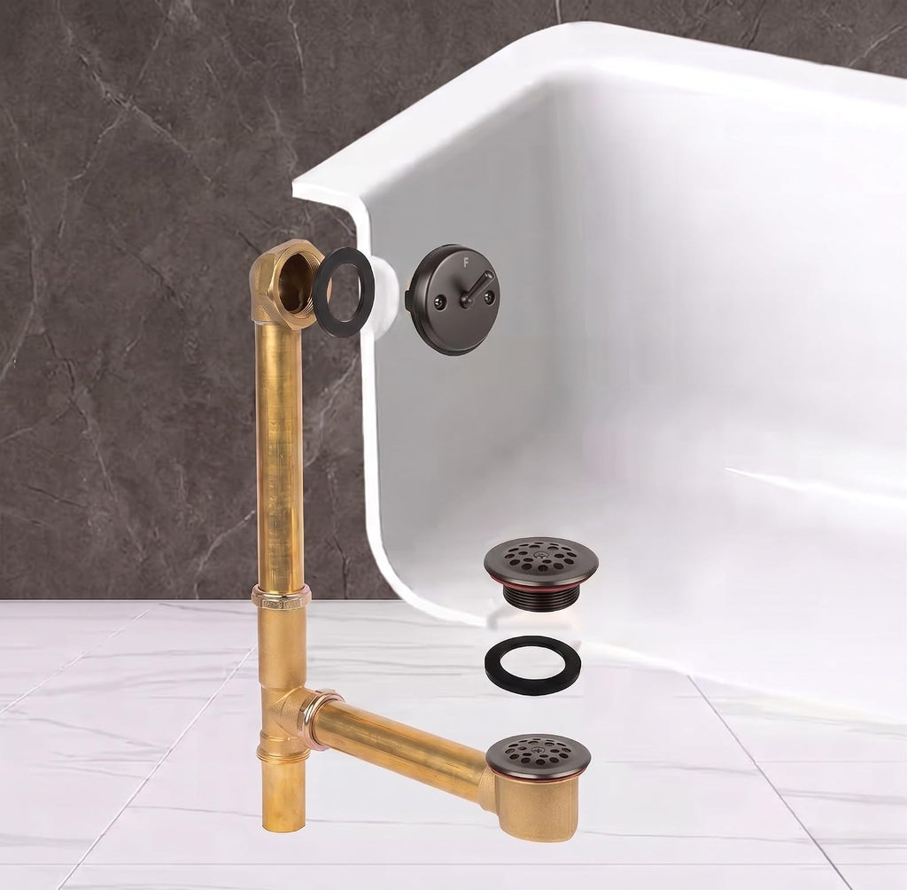Fine Fixtures Bathtub Shower Drain - 20 Gauge Brass Tubing, Trip Lever Overflow Assembly Tub Drain Kit - Gun Black