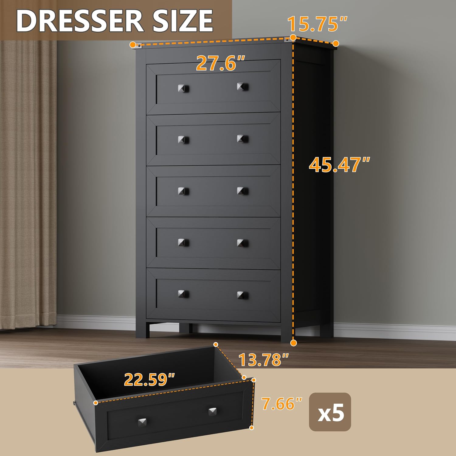 BORNOON Tall 5-Drawer Dresser, Modern Wooden Storage Chest of Drawers, Dresser TV Stand, Wood Drawer Organizer with Metal Handles for Bedroom, Living Room, Hallway