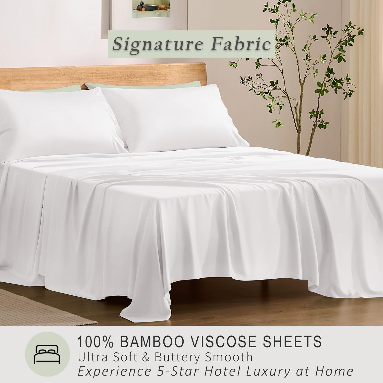 TOSMO Luxury Cooling Sheet Set - 100% Viscose from Bamboo, 4-Piece Bedding Set (Queen Size) - 18' Extra Deep Pockets, Oeko-Tex Certified, Silky Soft and Breathable, Classic White