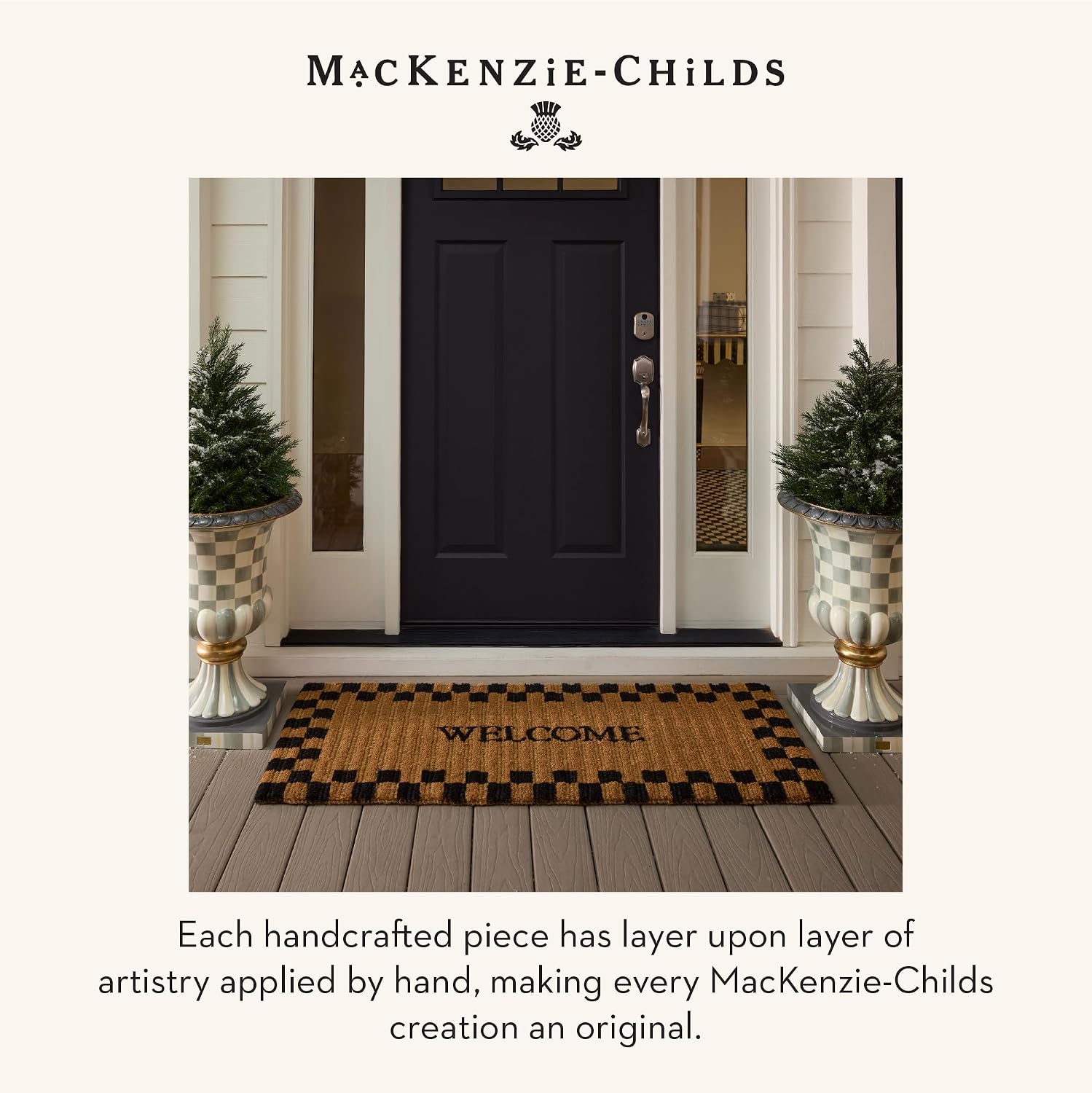 MACKENZIE-CHILDS Entrance Mat, Decorative Outdoor Front Door Mat, Coir Door Mat, Welcome, 24' x 36', Black Check with Scalloped Edge