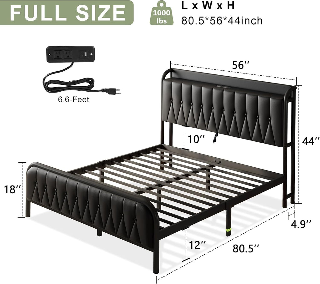 Leather Full Size Bed Frame with Fast Charging Station,Full Metal Platform Beds with Upholstered Headboard & Footboard,12' Underbed Storage Space,Easy Assembly,Noise-Free,Black