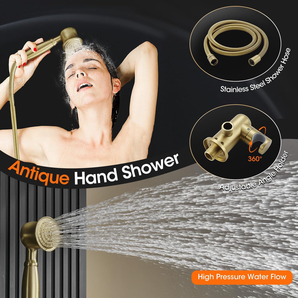 Antique Rainfall Shower System Bathroom Luxury Rain Mixer Shower Faucet Set with Pressure Balance Valve, Shower Combo Set with Rain Shower Head and Vintage Handheld Spray 9 inch Light Gold