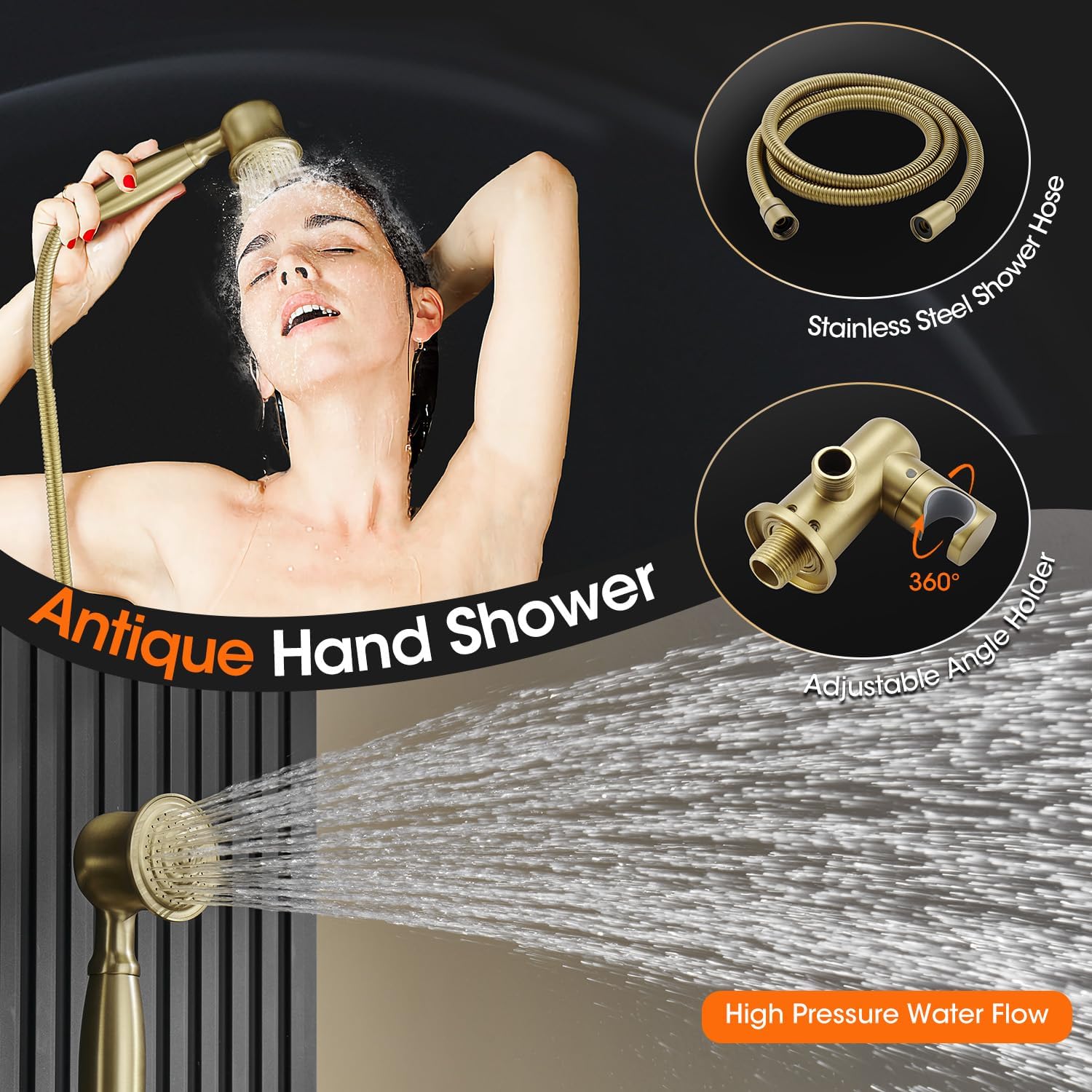 Antique Rainfall Shower System Bathroom Luxury Rain Mixer Shower Faucet Set with Pressure Balance Valve, Shower Combo Set with Rain Shower Head and Vintage Handheld Spray 9 inch Light Gold