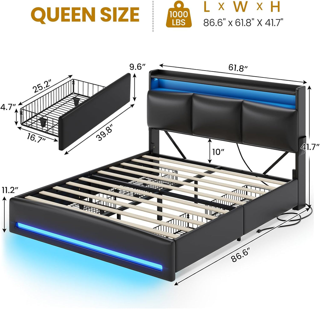 VIAGDO Queen Bed Frame with Storage Headboard and Charging Station, Leather Upholstered Bed Frame Queen Size with 4 Drawers and LED Lights, Type C and USB, No Box Spring Needed, Black