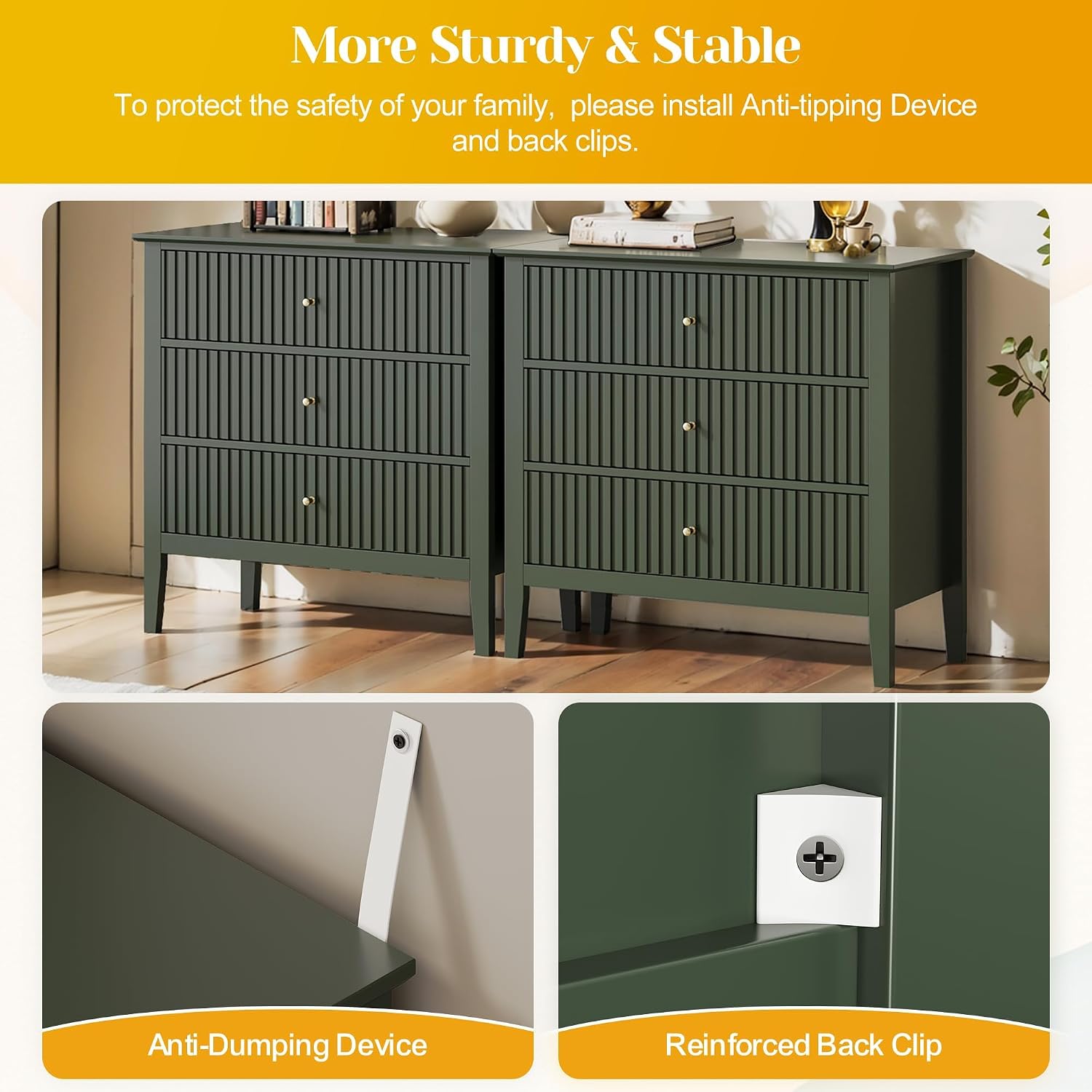 May in Color Large Green Fluted 3 Drawer Dresser Set of 2, Chest of Drawers with Ball Bearing Slide Modern 30 inch Tall Wood Nightstand with Spacious Storage for Bedroom Hallway Living Room Entryway