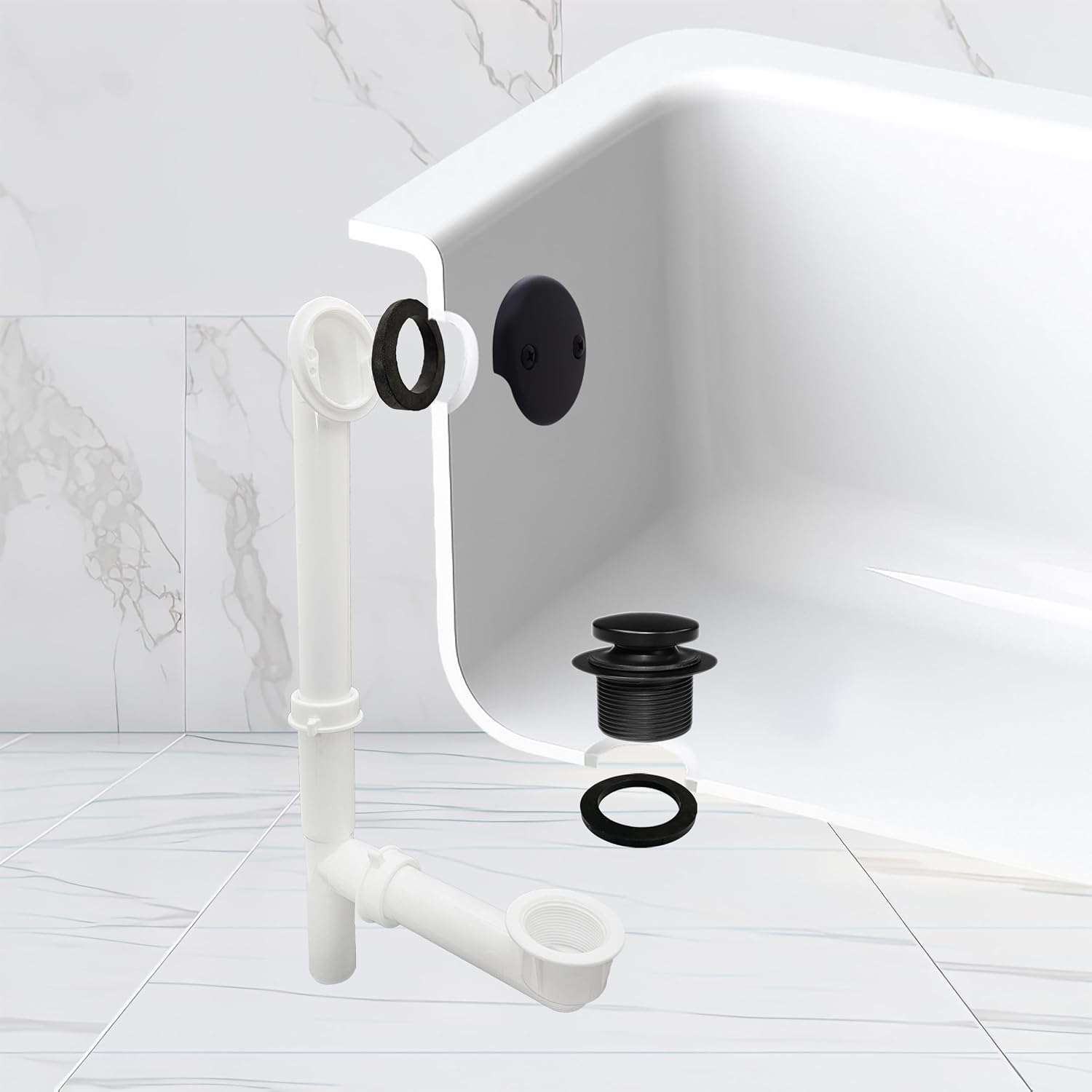 Westbrass 593244-4-62 14' x 1-1/2' White Tubular Bathtub Waste & Overflow Assembly with Tip-Toe Drain Plug and 2-Hole Faceplate, 4-Pack, Matte Black, 4 Count