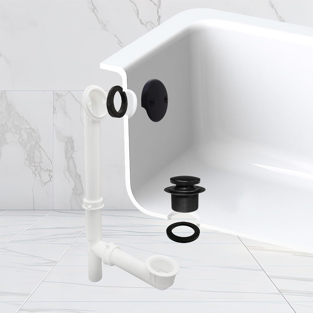 Westbrass 593244-12-62 14' x 1-1/2' White Tubular Bathtub Waste & Overflow Assembly with Tip-Toe Drain Plug and 2-Hole Faceplate, Matte Black (12-Pack)