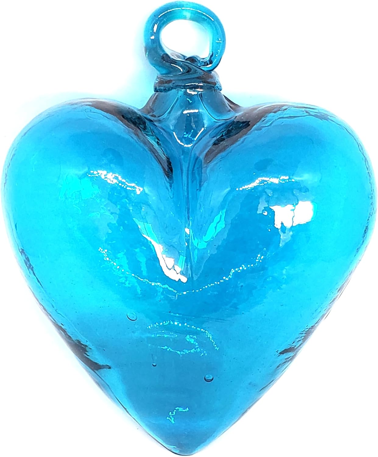 Aqua Blue 5.1 inch Large Hanging Glass Hearts (Set of 6), Recycled Blown Glass Ornaments (LGE Aqua Hearts)