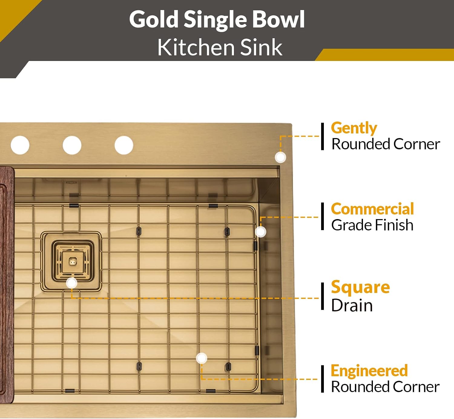 Strictly Sinks 33' Topmount Kitchen Workstation Sink Gold Single Bowl 16 Gauge Stainless Steel Drop In Sink With Colander, Cutting Board, Bottom Grid, 1 Square Disposal Adapter, & 1 Strainer Drain