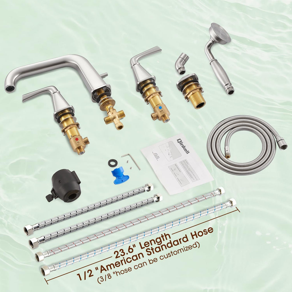 Roman Bathtub Faucet with Sprayer, Qinkell Tub Faucet Set with Valve, 4 Hole Deck Mount Tub Faucets, 2 Handle High Flow Tub Filler with Hand Shower and Supply Lines Brushed Nickel