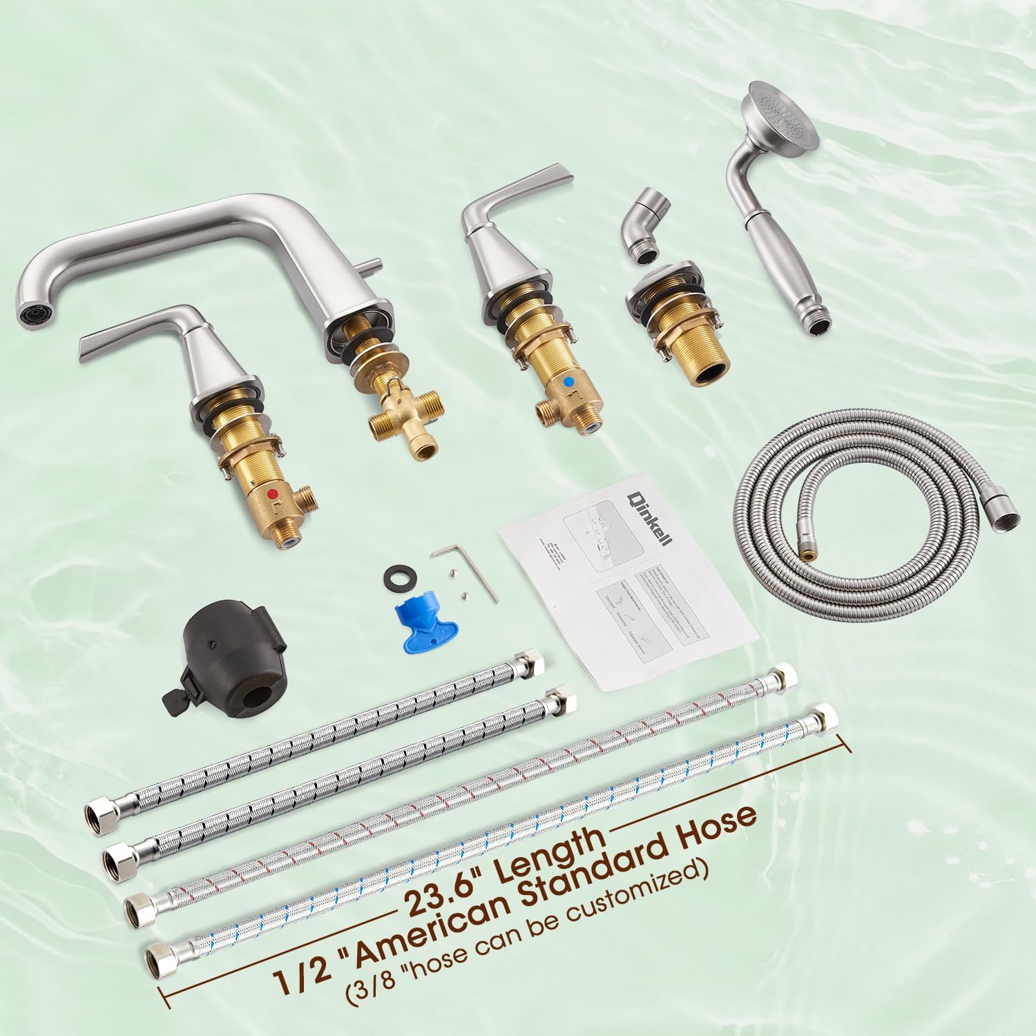 Roman Bathtub Faucet with Sprayer, Qinkell Tub Faucet Set with Valve, 4 Hole Deck Mount Tub Faucets, 2 Handle High Flow Tub Filler with Hand Shower and Supply Lines Brushed Nickel