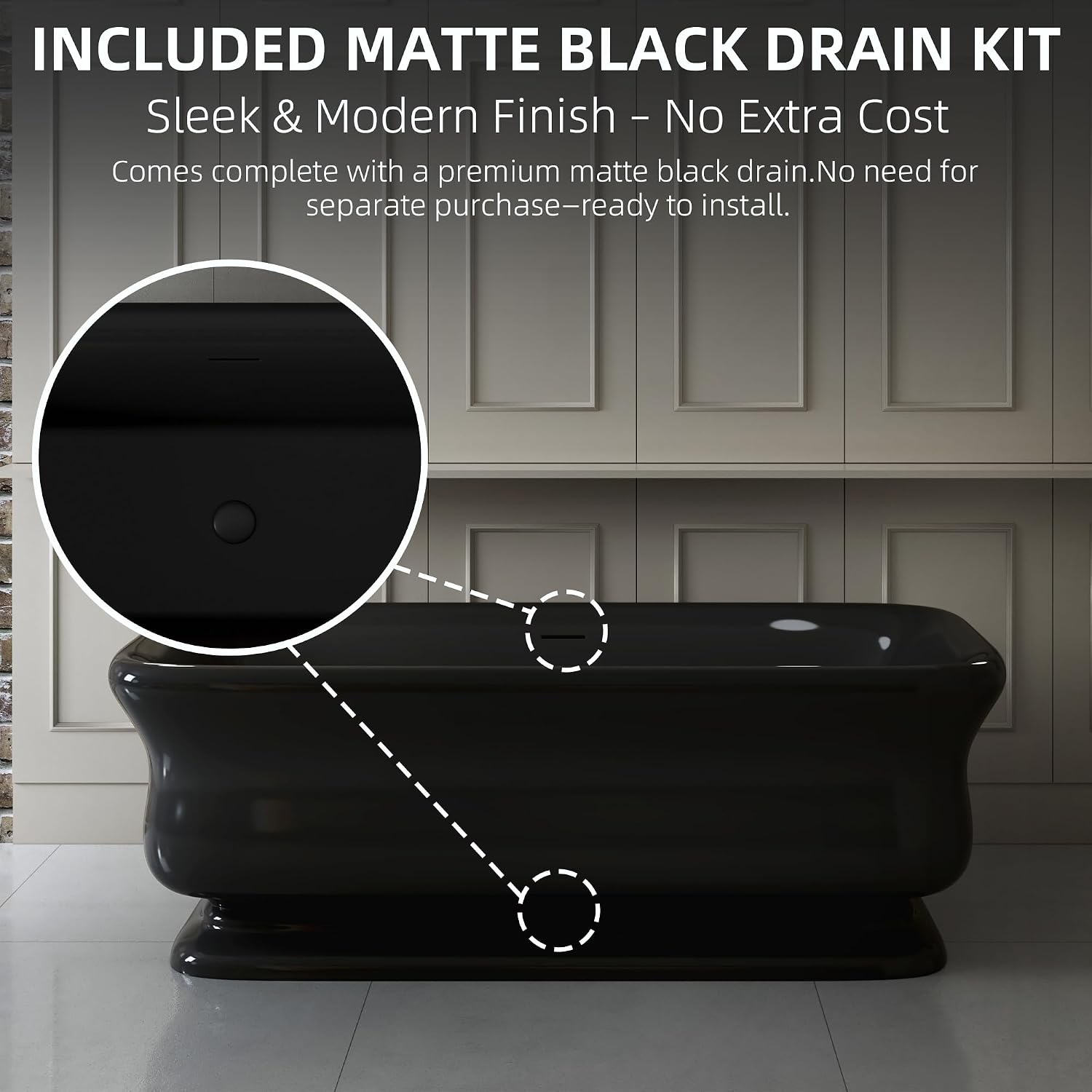 WOODBRIDGE 71 X 33.5 X 24.75' freestanding soaking bathtub with matte black drain included, Black WE006
