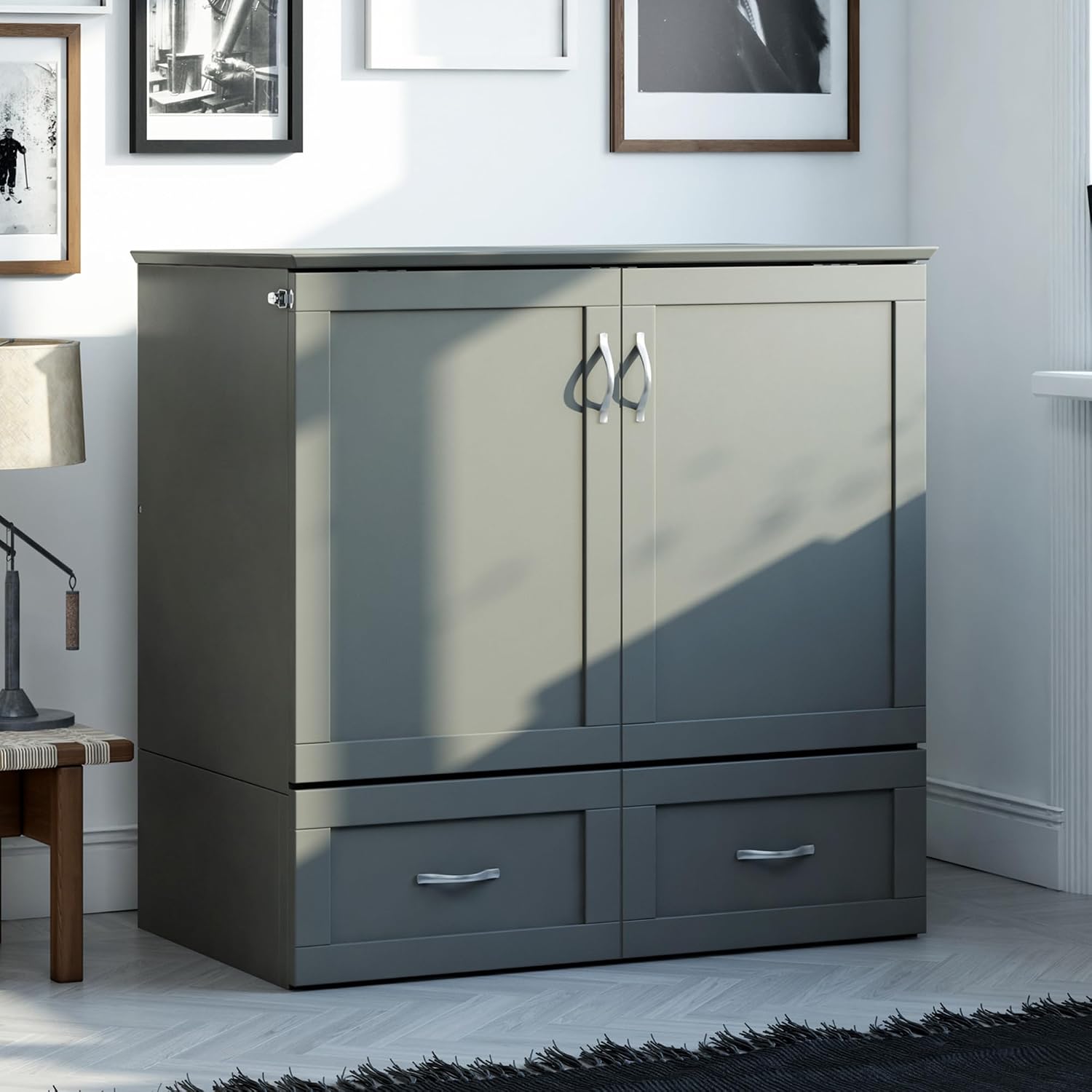 AFI, Hamilton Twin XL Murphy Bed Chest with 6' Mattress, Storage Drawer, and Built-in USB Charger, Grey