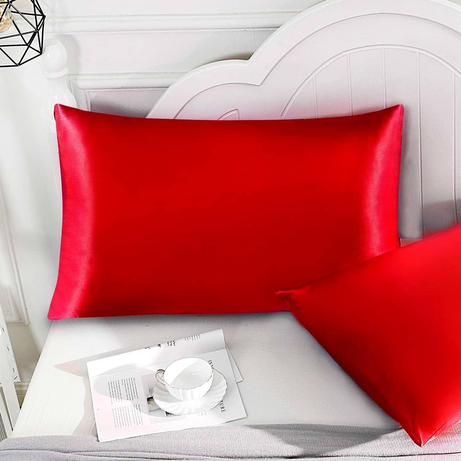 Hotel Luxury Silk Satin 5 Piece Comforter Set- All Season Comforter, Flat Sheet, Fitted 18 inch Deep Pocket, Pillowcases, Red Bedding Sets for Queen Size Bed
