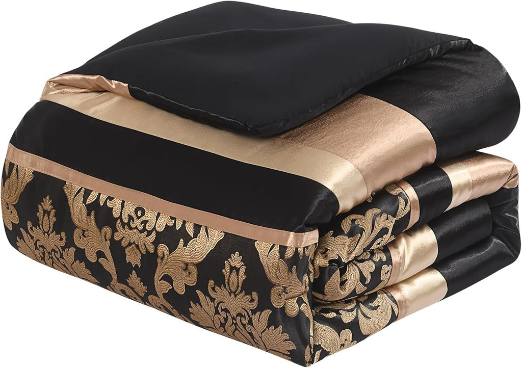 Finlonte Black Gold Comforter Set California King - Luxury Jacquard Floral 7-Piece Silky Bed in a Bag, Vintage Patchwork All Season Down Alternative Bedding Set with Matching Pillows, Shams, Bed Skirt