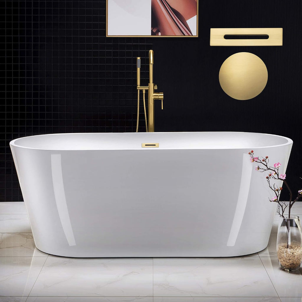 WOODBRIDGE 67' Acrylic Freestanding Bathtub Contemporary Soaking White Tub with Brushed Gold Overflow and Drain，B0013-BG