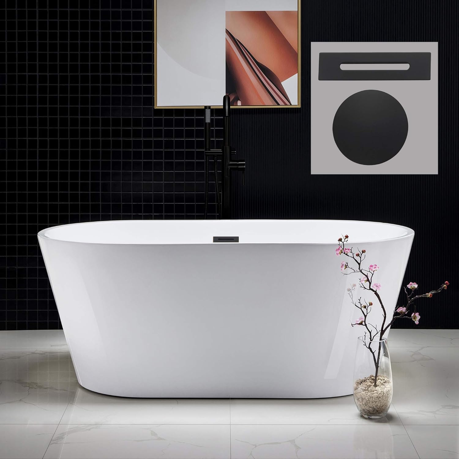 WOODBRIDGE 59' Acrylic Freestanding Bathtub Contemporary Soaking White Tub with Matte Black Overflow and Drain，BTA1514 -MB-Drain &O