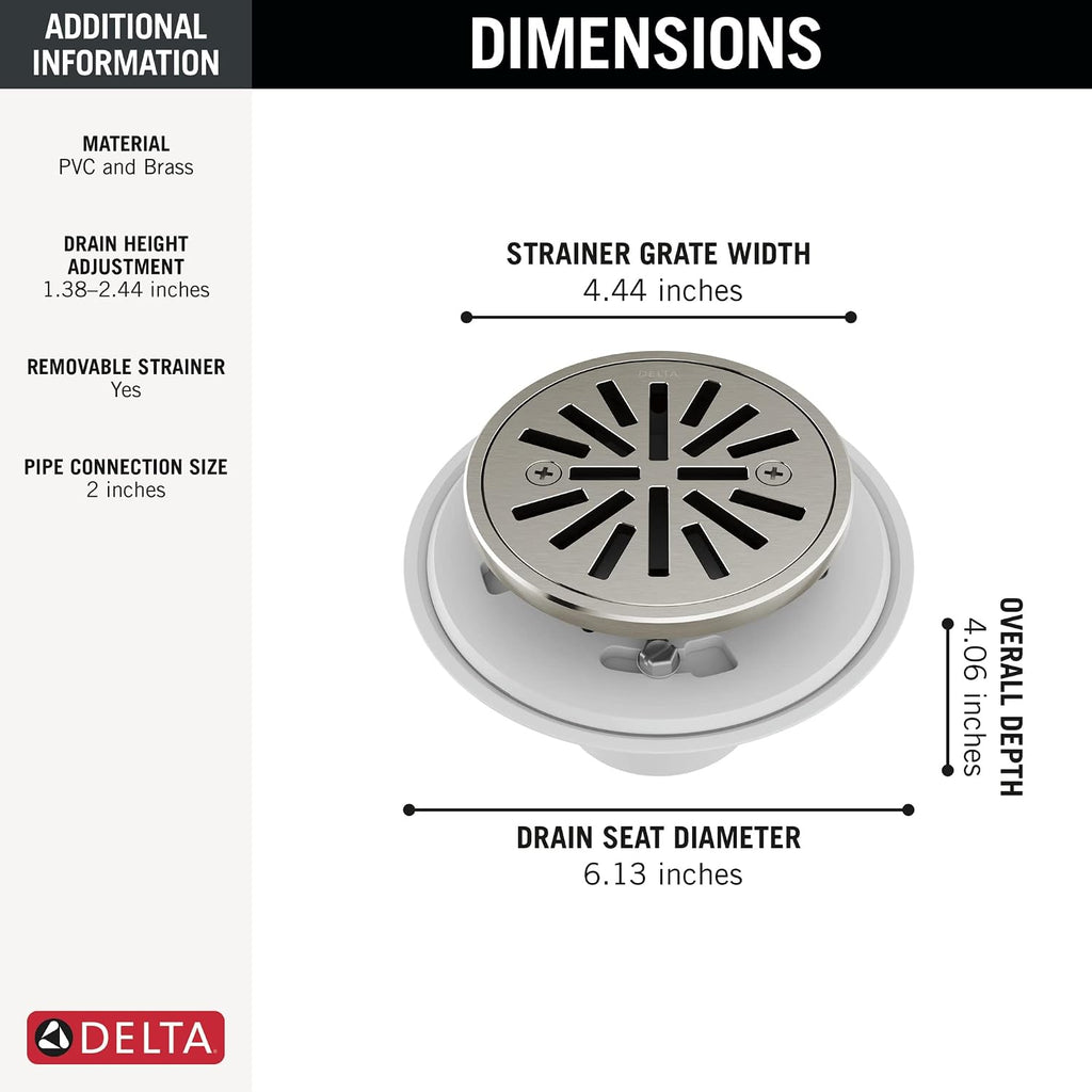 Delta 4 Inch Brushed Nickel Round Tile-In Round Shower Floor Drain with Gasket and Removable Drain Gate, Stainless DT061411-SS