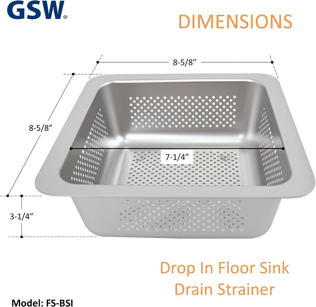 GSW Stainless Steel Floor Sink Drain Strainer Drop-in Basket 8-5/8W x 8-5/8'L x 3'H - Perfect for Restaurant, Bar, Buffet (Drop-in SS x 4)