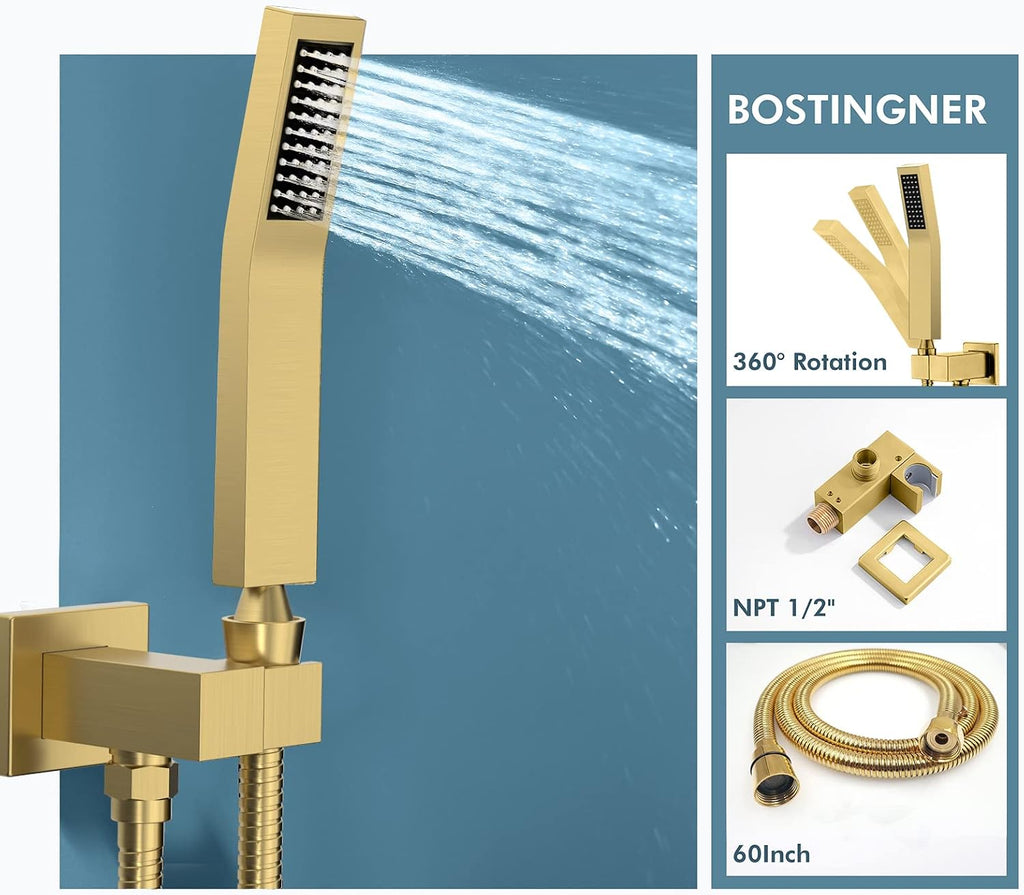 Brushed Gold Shower System with Body Jets，Bostingner 12' Rain Shower and Handheld, Can Use All Spray at A Time,Wall Mount Push Button Shower Faucet Set with Valve and Trim Kit Included