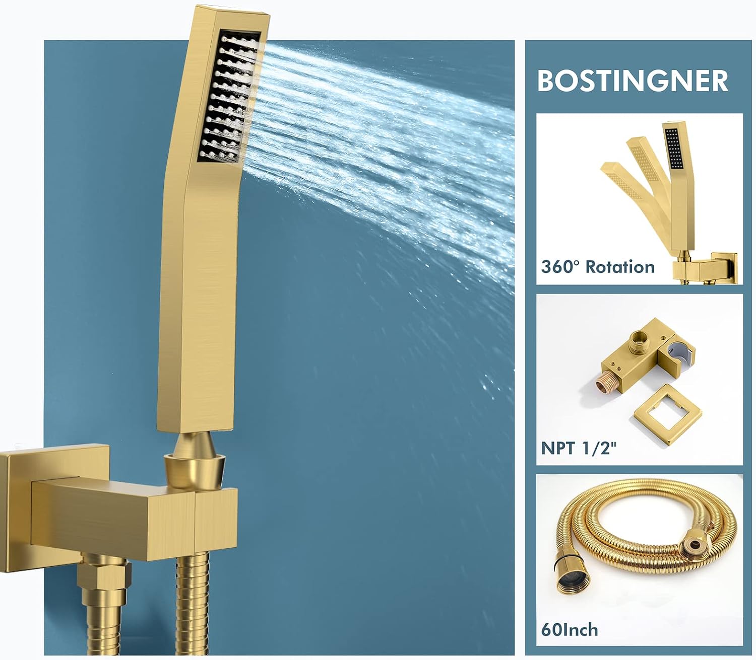 Brushed Gold Shower System with Body Jets，Bostingner 12' Rain Shower and Handheld, Can Use All Spray at A Time,Wall Mount Push Button Shower Faucet Set with Valve and Trim Kit Included
