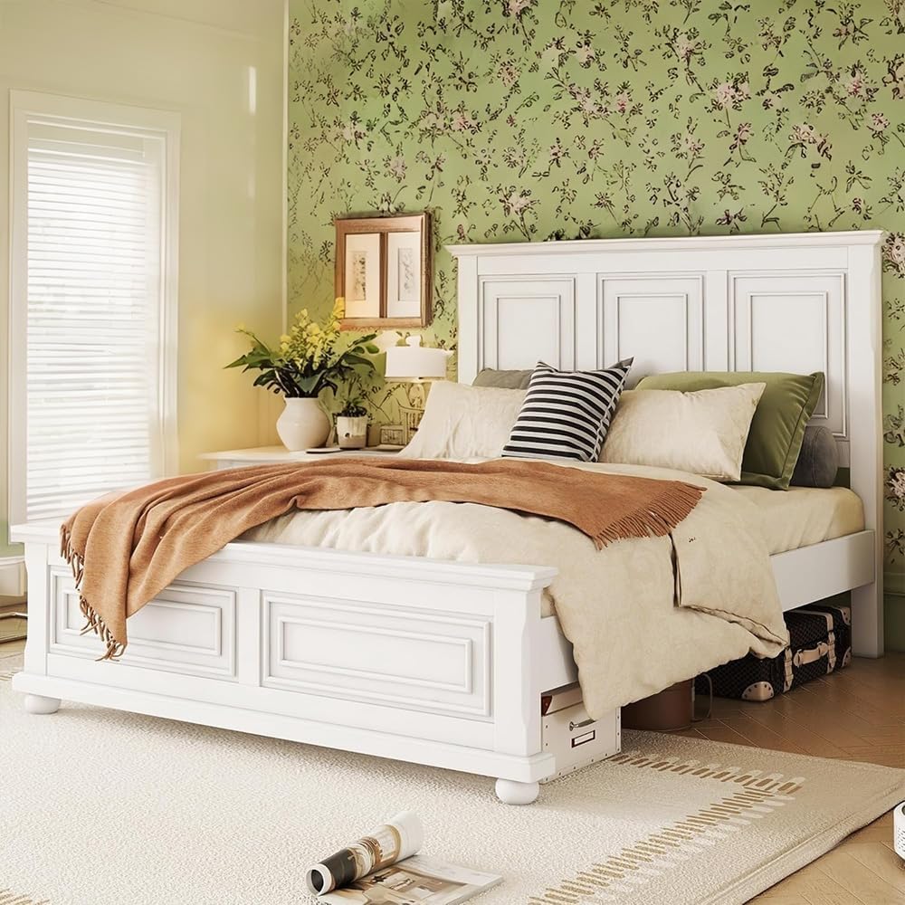 MERITLINE Vintage Farmhouse Bed Frame Queen,Solid Wood Mid Century Modern Rustic Bed Frame with Headboard and Footboard,No Box Spring Needed (White,Queen)