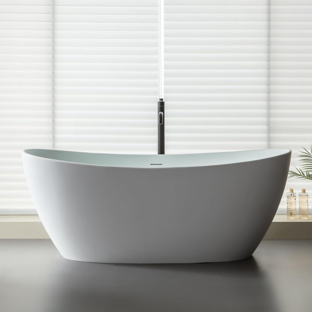 65'' Freestanding Stone Resin Bathtub, Solid Surface Free Standing Tub, Contemporary Design Soaking Tub, Stand Alone Tubs with Pop-up Drain and Overflow, Matte White
