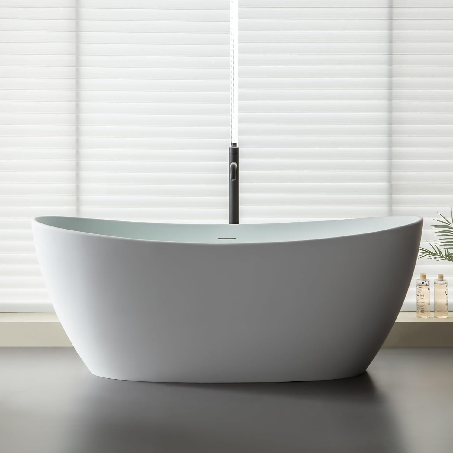 65'' Freestanding Stone Resin Bathtub, Solid Surface Free Standing Tub, Contemporary Design Soaking Tub, Stand Alone Tubs with Pop-up Drain and Overflow, Matte White