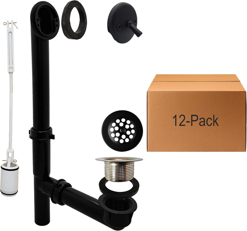 Westbrass 592144-12-62 1-1/2' x 14' Black Poly Tubular Bath Waste & Overflow Assembly with Trip Lever and Beehive Strainer Grid Drain Cover, Matte Black (12-Pack)