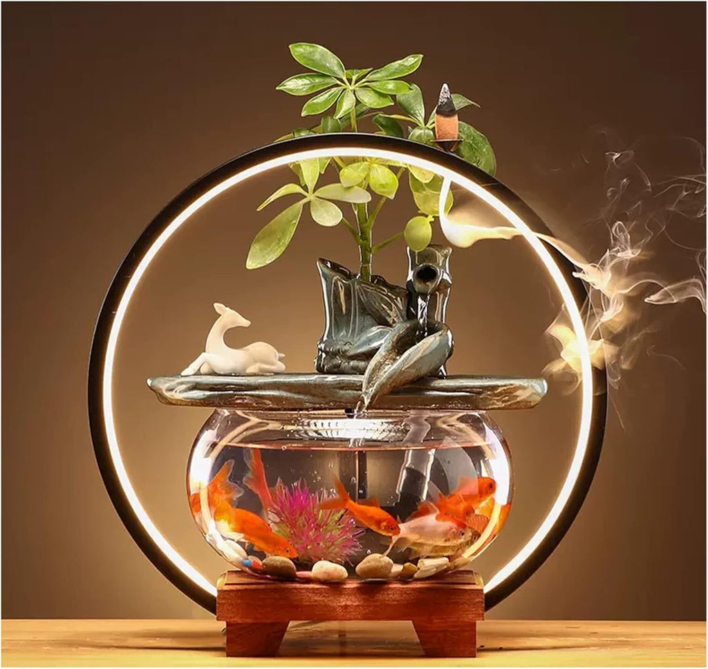 HIHELO Desktop Fountain Indoor Relax Tabletop Fountain with Glass Fish Tank, Wooden Base and LED Lights, Indoor Zen Tabletop Relax Water Feature Water Fountain Outdoor (Color : D)
