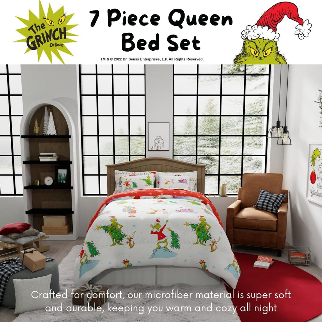 Grinch By Dr. Seuss Holiday & Christmas Bedding Super Soft Comforter and Sheet Set with Sham, 7 Piece Queen Size (Official Dr. Seuss Product) By Franco
