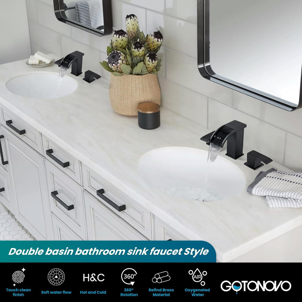 gotonovo Waterfall 8 inch Widespread Bathroom Faucet Set 3 Hole 2 Handle Deck Mount with gotonovo 2 Handles Tub Shower Faucet Set with 6 Modes Handheld Spray Shower System with Tub Spout Matte Black