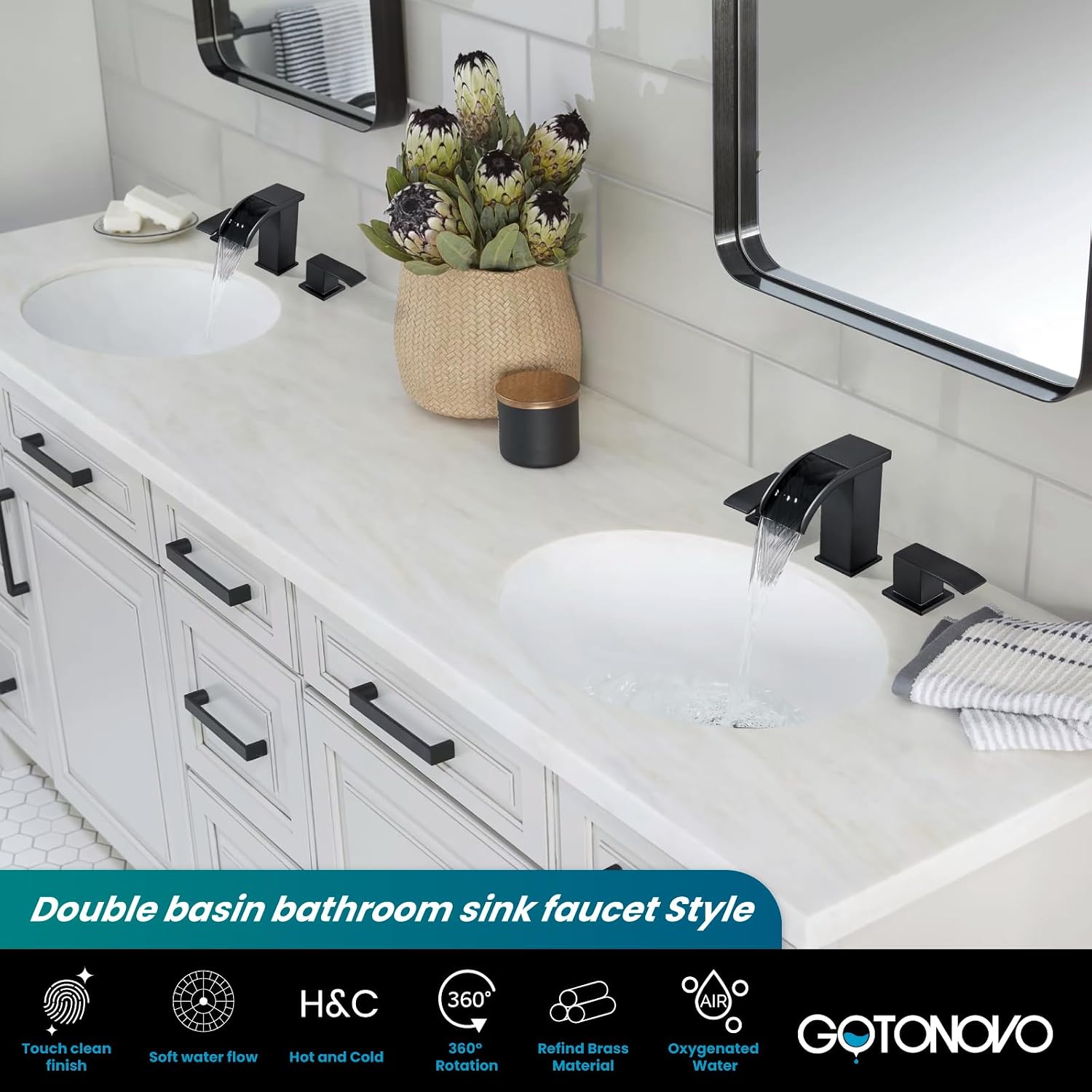 gotonovo Waterfall 8 inch Widespread Bathroom Faucet Set 3 Hole 2 Handle Deck Mount with gotonovo 2 Handles Tub Shower Faucet Set with 6 Modes Handheld Spray Shower System with Tub Spout Matte Black