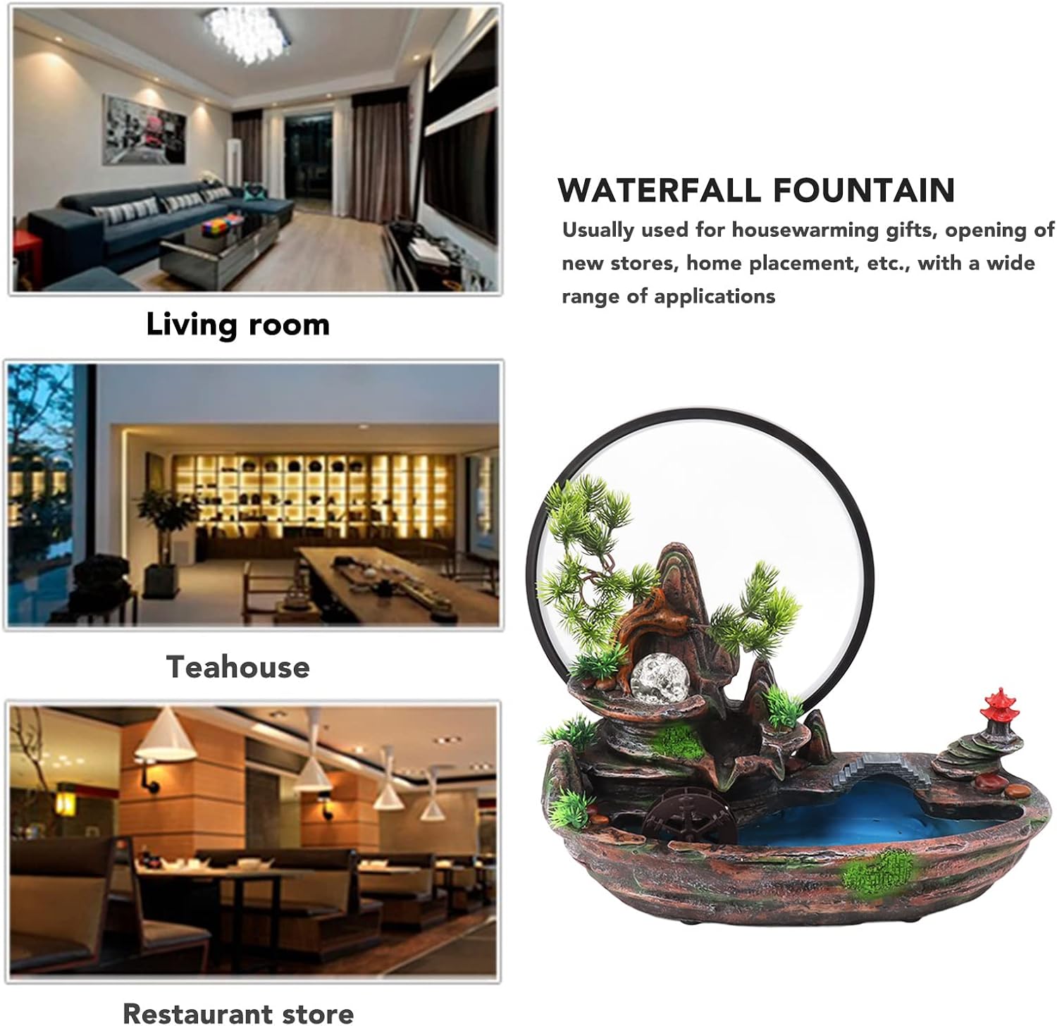 Walfront Waterfall Fountain Decoration, Waterfall Fountain, Waterfall Fountain LED Light Indoor Tabletop Fountain with Plants Mountain Lamp Loop Resin Desktop Waterfall Ornament for