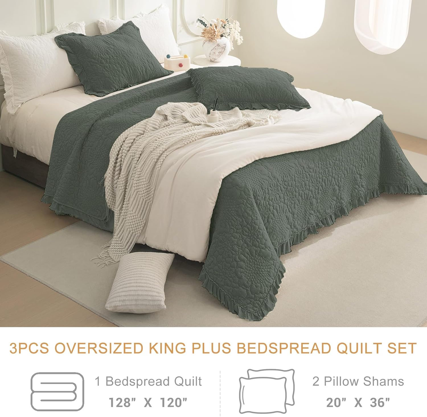 QSH Dark Green Oversized King Quilt Bedspread Set(128'x120'),3PCs Stonewashed Cotton Farmhouse Ruffled Bedspread California King,Shabby Soft Lightweight Crinkled Quilt Coverlet Bed with Pillow Shams