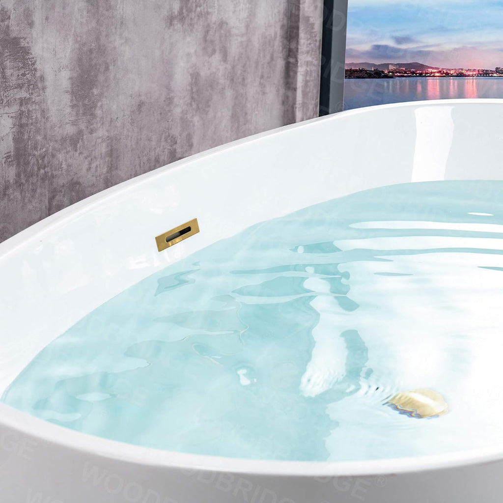 WOODBRIDGE 59'Freestanding White Acylic Soaking Bathtub with Brushed Gold Drain and Overflow,BTA1518 -BG-Drain &O