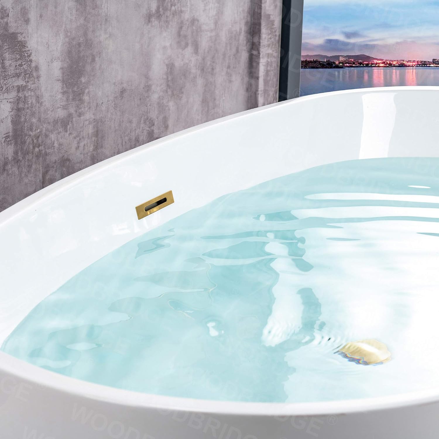 WOODBRIDGE 59'Freestanding White Acylic Soaking Bathtub with Brushed Gold Drain and Overflow,BTA1518 -BG-Drain &O