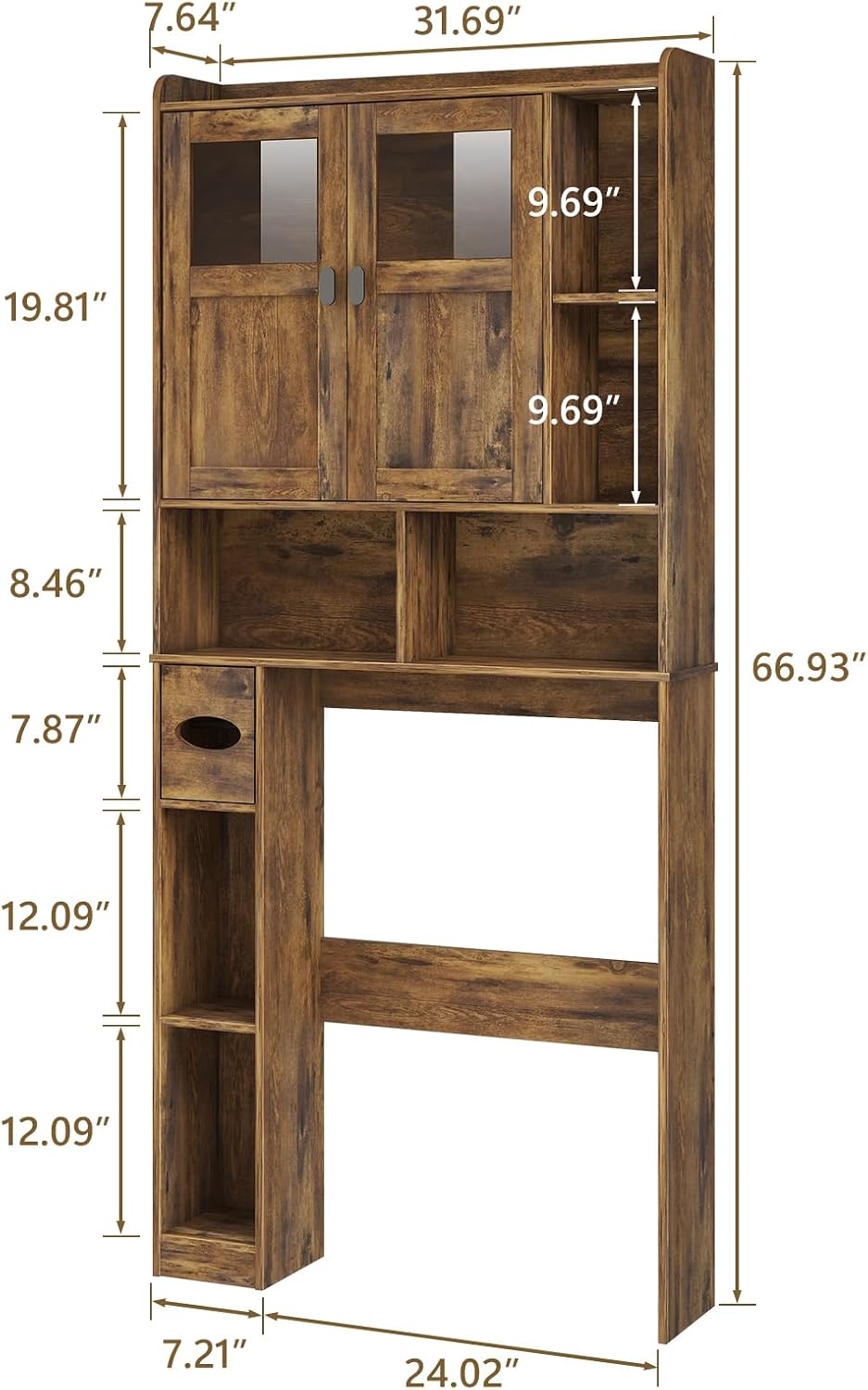 Vabches Over The Toilet Storage Cabinet, Bathroom Shelf Over Toilet with Glass Doors and Adjustable Shelves, Brown Freestanding Home Space Save Toilet Rack, for Restroom, Bathroom, Laundry