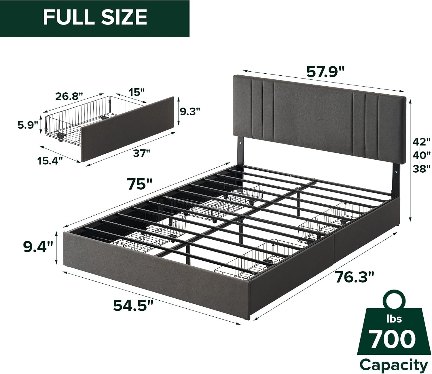 Zinus Billie Platform Bed Frame, Four Underbed Storage Drawers, Height Adjustable Headboard, Upholstered Style, Full