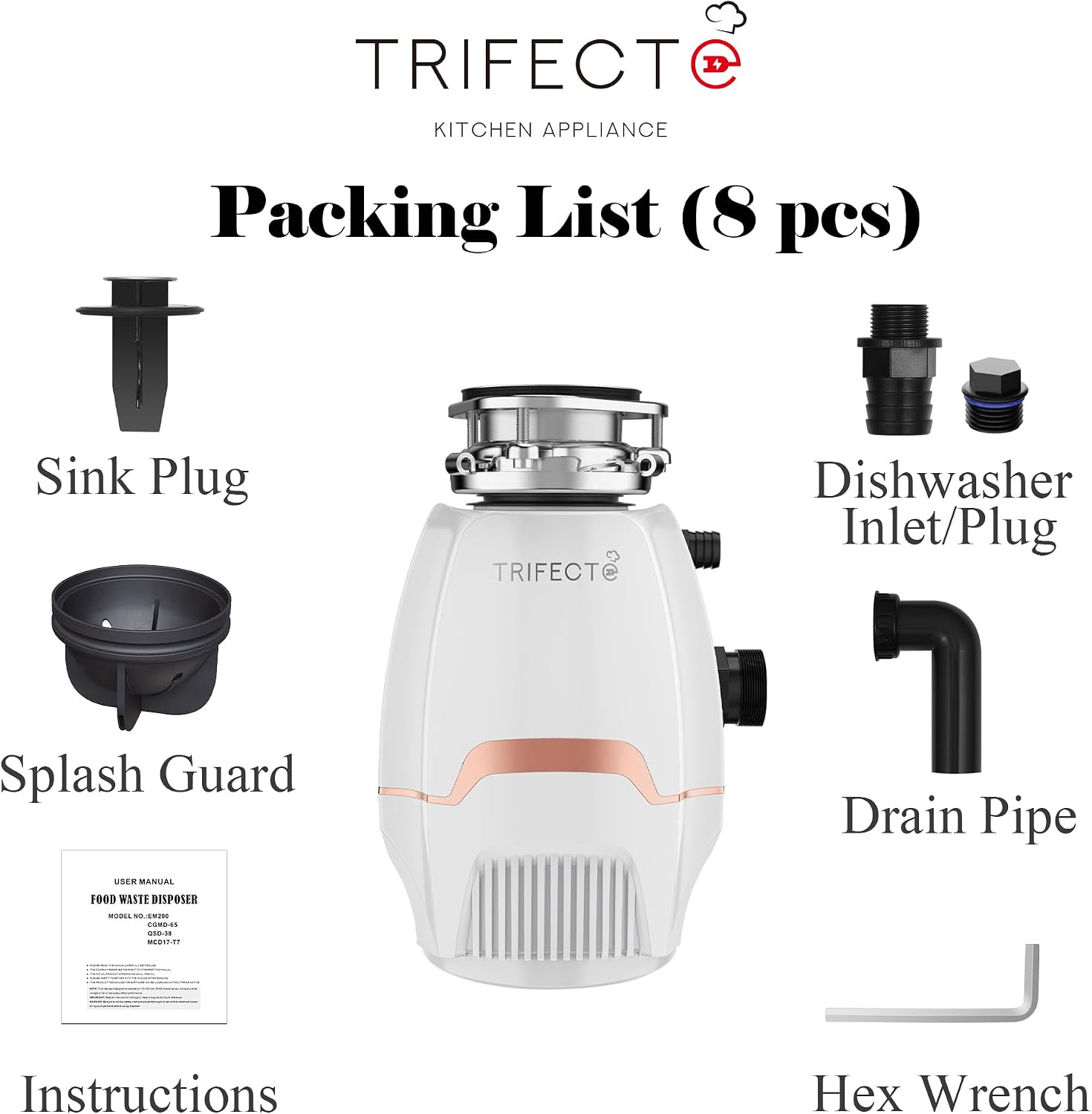 Trifecte Pro 3/4 HP Garbage Disposals with Sound Reduction,Food Waste Coutinuous Feed Garbage Disposal with Power Cord, Dishwasher Hook Up,3800RPM,White