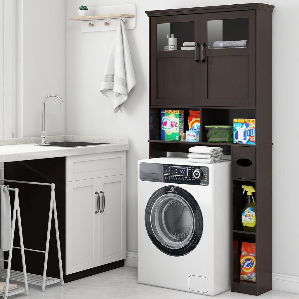 Over The Toilet Storage Cabinet, Storage Cabinet Over Toilet with Double Doors & Toilet Paper Holder Stand, Freestanding Toilet Shelf Space Saver with Anti-Tip Design & Adjustable Shelf, Espresso