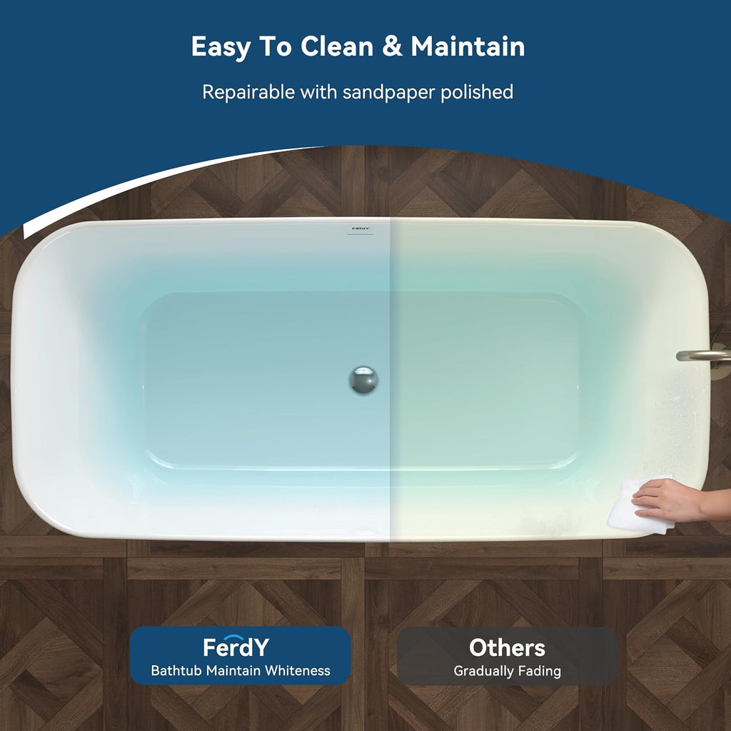 FerdY Maui 67' Freestanding Bathtub Elegant Freestanding Soaking Bathtub, Glossy White, cUPC Certified, Toe-Tap Chrome Drain & Overflow Assembly Included