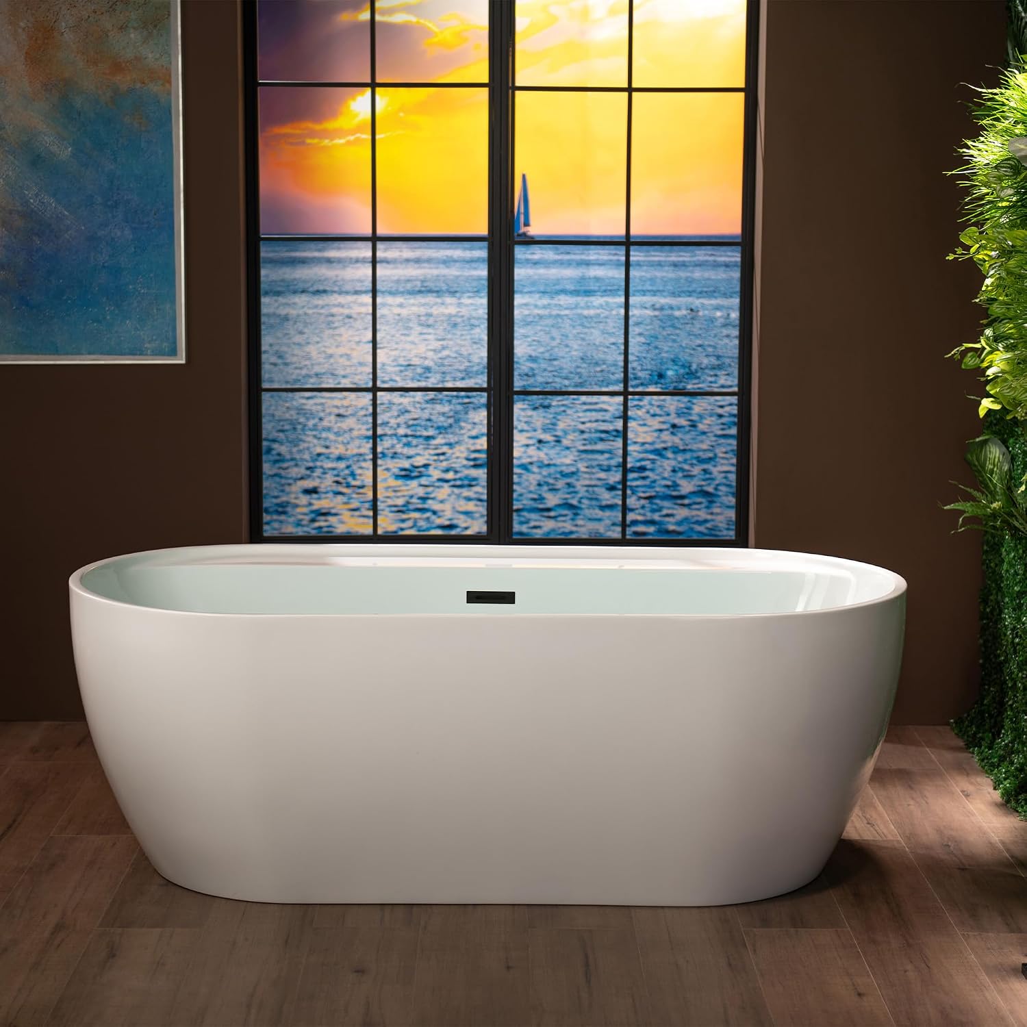 WOODBRIDGE 67' Acrylic Freestanding Bathtub Contemporary Soaking White Tub with Matte Black Overflow and Drain,B0063-MB