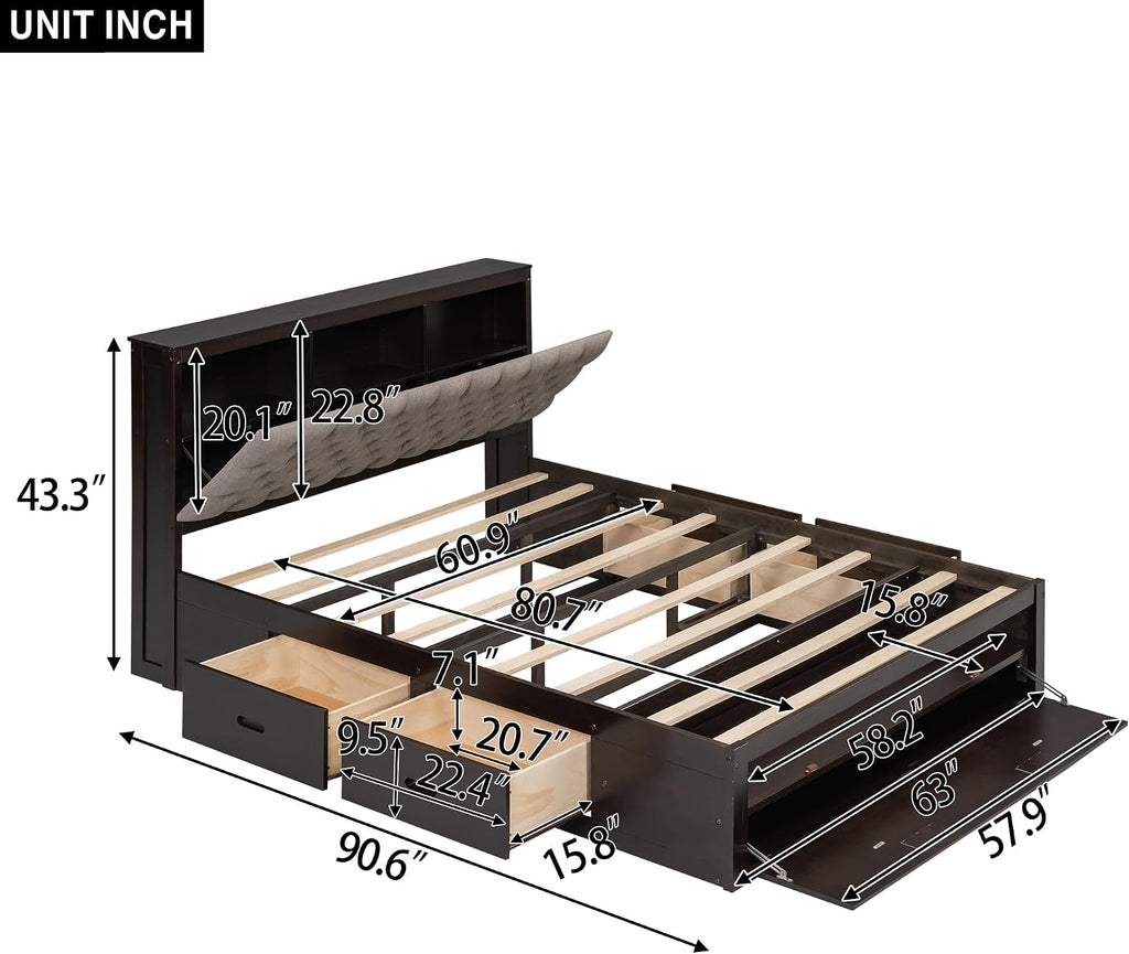 Modern Queen Size Platform Bed with Upholstered Storage Headboard, Wood Platform Bed Frame with Shoe Rack and 4 Drawers, Sturdy Slat Support, Maximize Space (Espresso-21)