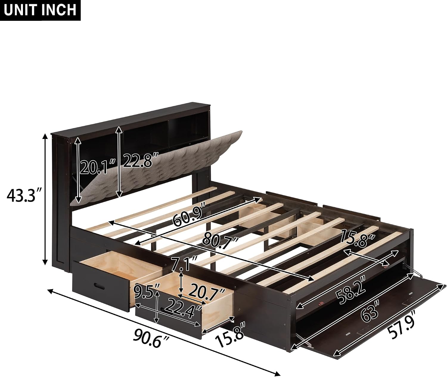 Modern Queen Size Platform Bed with Upholstered Storage Headboard, Wood Platform Bed Frame with Shoe Rack and 4 Drawers, Sturdy Slat Support, Maximize Space (Espresso-21)