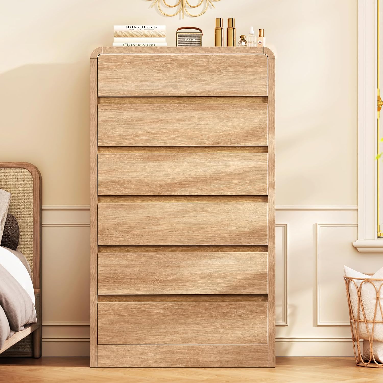 TEENFON Tall Dresser for Bedroom with 6 Drawers, 49.2' Tall Dressers & Chest of Drawers with Curved Profile Design, Wood Closet Storage Dressers Organizer for Bedroom, Living Room, Natural