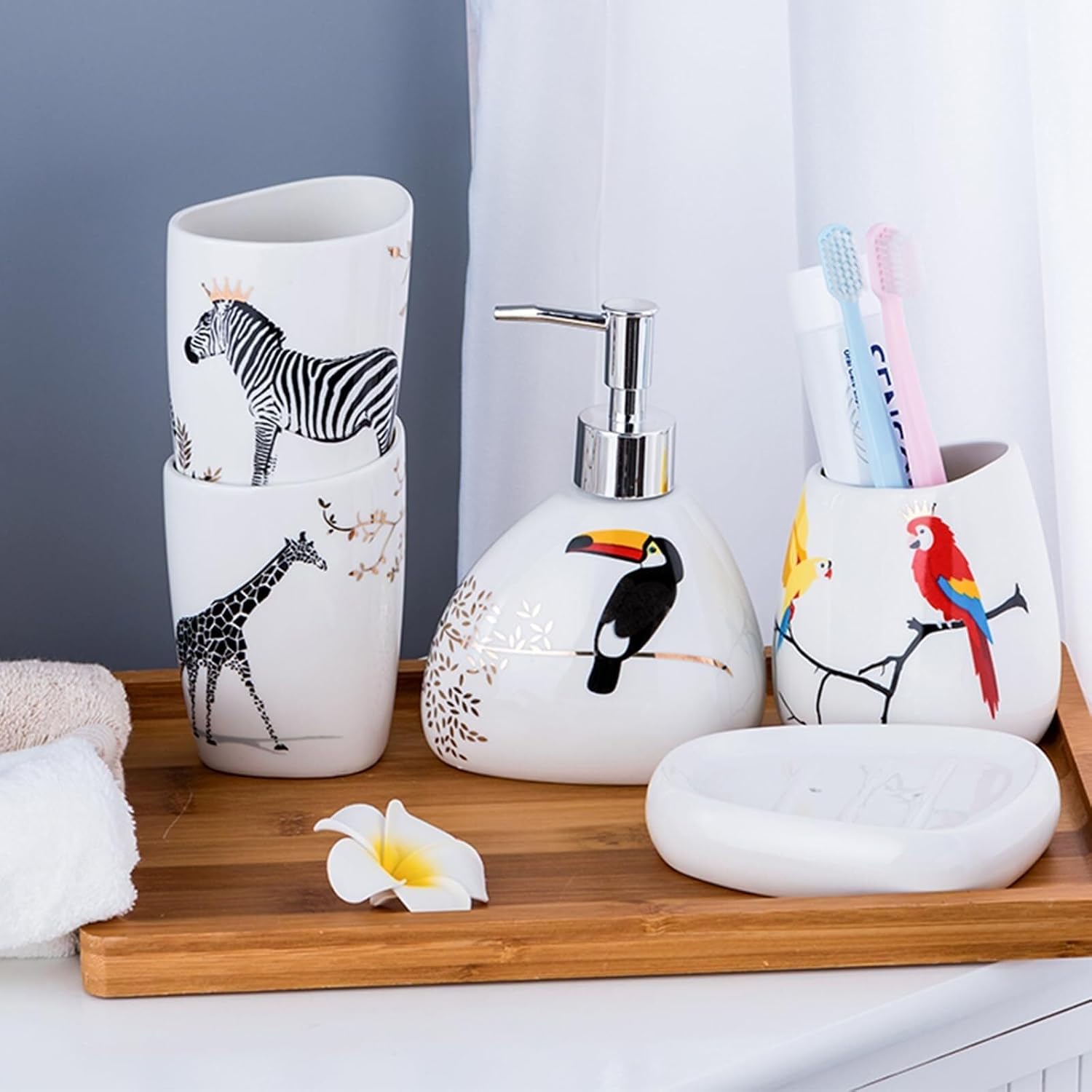 Bathroom Accessories Set Soap Dispenser Set White Bathroom Accessory Sets with Toothbrush Cup Dish Holder for Apartment Dormitory Victorian Decor(Ocean)