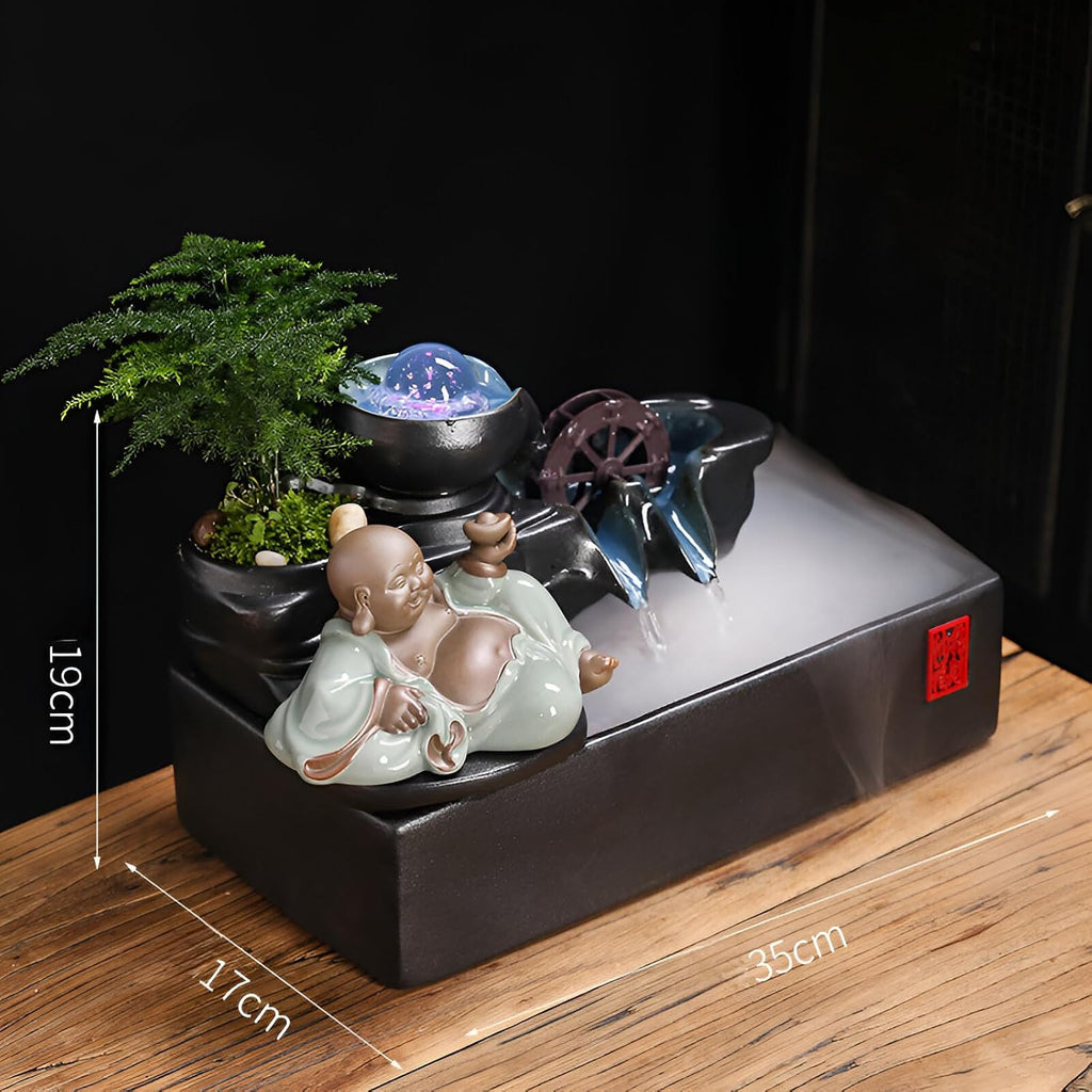 Zen Tabletop Fountain with LED Lights & Mist Maker - Indoor Waterfall Decor with Crystal Stones for Home, Office, Meditation Room - Relaxing Desktop Humidifier Gift (C Style)(B Style+Misting)