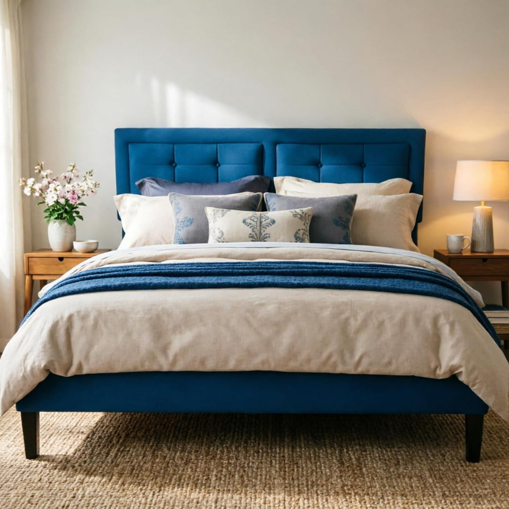 VECELO Queen Size Bed Frame, Adjustable Upholstered Button Tufted Headboard, Heavy-Duty Bedframe with Wood Slats Support, No Box Spring Needed, Aegean Blue